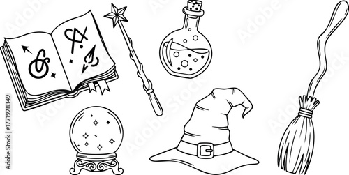 Magical witchcraft objects including spell book wand potion crystal ball hat and broom vector illustration