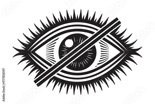 Stylized human eye with pupil and eyelids is presented in black and white