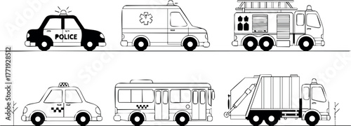 Emergency and service vehicles including police car ambulance fire truck taxi bus garbage truck vector illustration