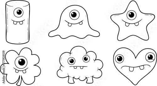 Cute monster characters set with various shapes and expressions in black and white line art style vector illustration