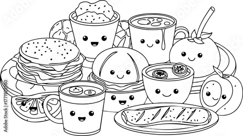 Cute breakfast foods with happy faces including pancakes, coffee, juice, toast, and eggs vector illustration