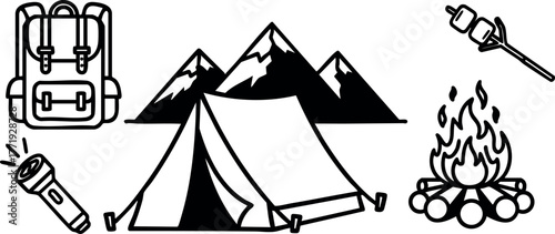 Camping essentials with tent mountains backpack flashlight campfire and marshmallow roasting vector illustration