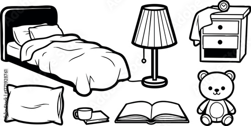 Child bedroom essentials vector set with bed lamp bedside table pillow book and teddy bear
