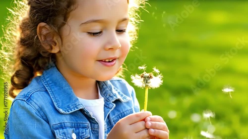 A child blows dandelion seeds into the air on a sunny day