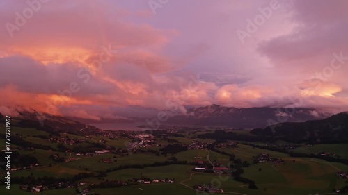 Magical Sunset Over Lake Mondsee and Irrsee, Austria – 4K Aerial Drone Footage with Fog, Rainbow, and Colorful Autumn Clouds