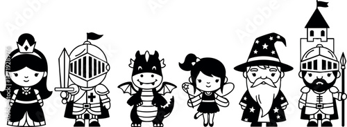 Medieval fantasy characters including princess knight dragon fairy wizard castle guard in black and white vector illustration