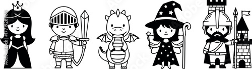 Cute fantasy characters princess knight dragon witch king castle vector illustration set