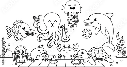 Underwater sea animals playing beach ball picnic vector line art drawing in ocean scene