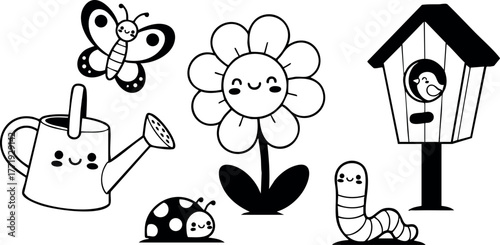 Cute garden elements with smiling flower butterfly ladybug worm watering can and birdhouse vector design