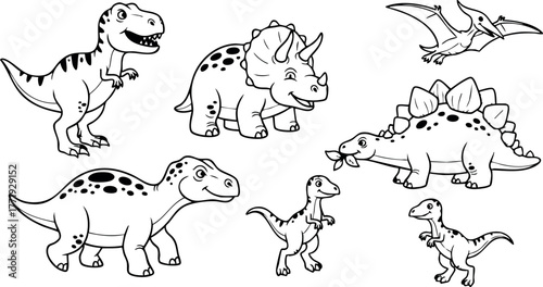 Dinosaur vector set with tyrannosaurus, triceratops, stegosaurus, and pterodactyl cartoon style illustrations for kids fun design