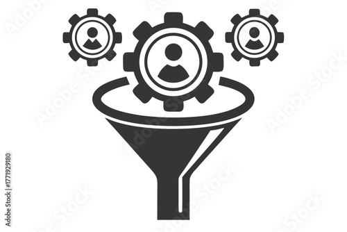 Three silhouette gears containing people symbols appear above a large funnel with white background