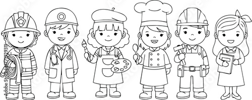 Diverse Children Wearing Different Profession Costumes Including Firefighter Doctor Chef Engineer and Teacher Vector Illustration