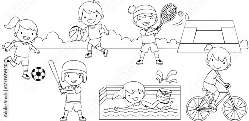 Children playing outdoor sports and activities with soccer swimming cycling and baseball in park vector illustration