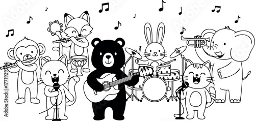 Cute animal band playing musical instruments with singing bear and joyful elephant vector illustration