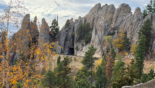 Needles Highway shows road, tunnel & Black Hills in South Dakota. Pointed mountains look like needles. Road curves as auto leaves one of many tunnels. Road is for auto tours. Trees show fall yellow.