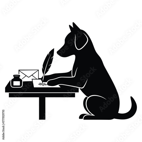 A black silhouette of a dog writing at a desk with a quill, a creative illustration for writers and authors