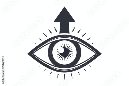 Upward arrow adorns stylized monochrome eye featuring radiant lines on a clean white backdrop
