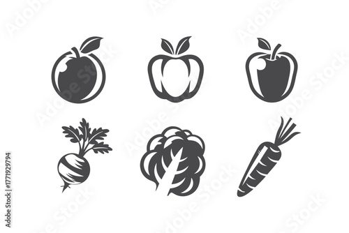 Various monochrome vegetable and fruit icons showcased on a clean white background clearly
