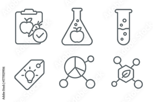 Nutrition Science Icons. Line style icons of nutrition science: food research and innovation, laboratory flask with food icon,
