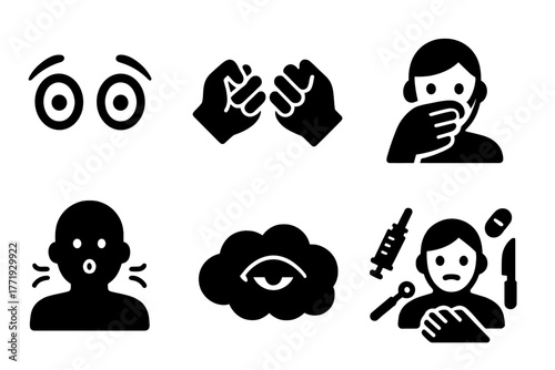 Pre-modern Medical Icons. Solid style icons of pre-modern patient experience: Fearful Eyes, Clenched Hands, Mask Lowering, Breath