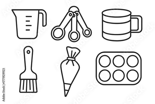 Baking Tools Icons. Line style icons of baking tools: measuring cup, measuring spoons, flour sifter, pastry brush, piping bag,