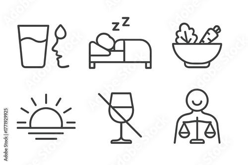 Homeopathic Lifestyle Icons. Line style icons of homeopathic lifestyle tips: drinking water, deep sleep, light diet, morning sun,