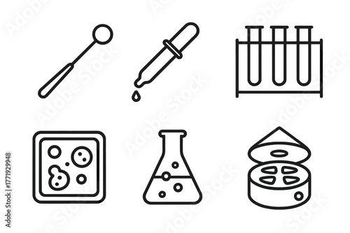 Microbiology Line Icons. Line style icons of microbiology: inoculating loop, pipette icon, test tube rack, colony counter, culture