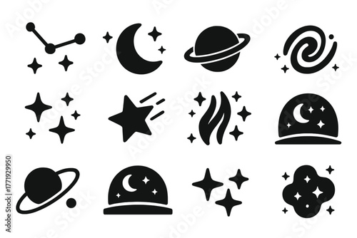 Night Sky Icons. Solid style icons of night sky: constellation, crescent moon, planet, galaxy swirl, stars, shooting star, Milky