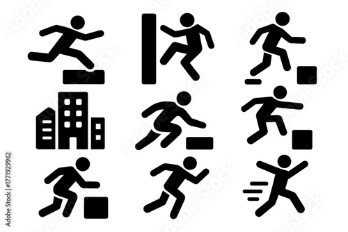 Urban Parkour Icons. Solid style icons of Extreme Urban Sport: Parkour, Wall Run, Precision Jump, Urban Environment, Flow, Vault,