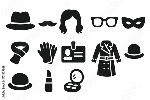 Agent Disguise Icons. Solid style icons of agent disguises: hat, mustache, wig, glasses, mask, scarf, gloves, fake ID, trench coat