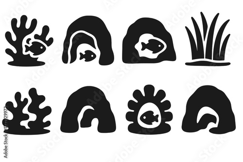 Marine Microhabitat Icons. Solid style icons of marine microhabitats: Coral Crevice, Sponge Tunnel, Rock Shelter, Seagrass Bed,