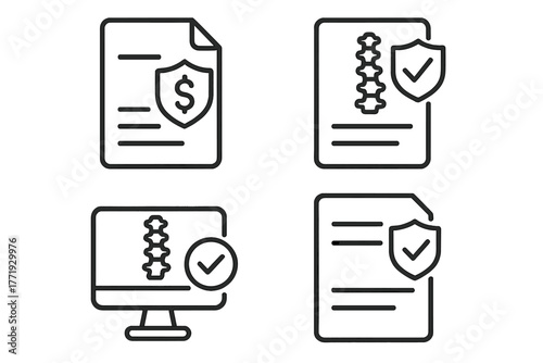 Chiropractic Insurance Icons. Line style icons of chiropractic care: chiropractic insurance and billing, insurance form icon,
