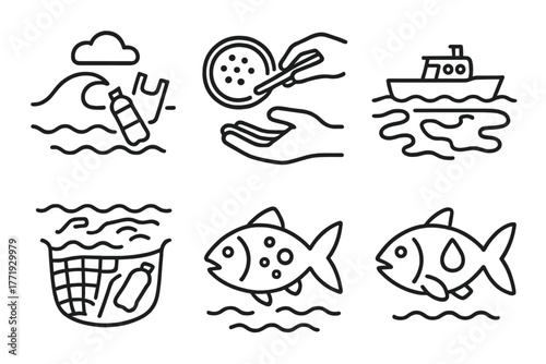 Marine Biology Icons. Line style icons of marine biology: ocean pollution icon, plastic waste, microplastics detection, oil spill