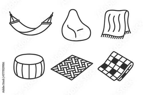 Glamping Lounge Icons. Line style icons of Glamping Lounge Items: hammock, bean bag chair, cozy throw, floor pouf, woven mat,