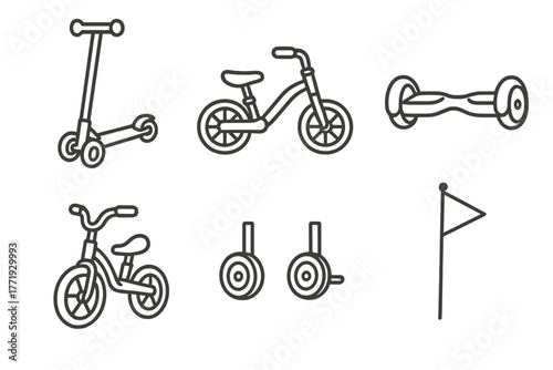 Kids' Micro-Mobility Icons. Line style icons of Kids’ Micro-Mobility Devices: three-wheel scooter, mini pedal bike, child
