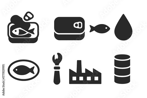 Solid Fish Icons. Solid style icons of Preserved Fish: Sardine Tin, Tin, Fish, Oil, Label, Can Opener, Factory, Stack, No text, No