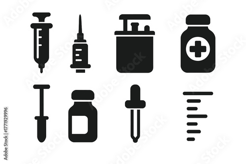 Vintage Diabetic Care Icons. Solid style icons of Vintage Diabetic Care Tools: Glass Syringe, Reusable Needle, Sterilizer,