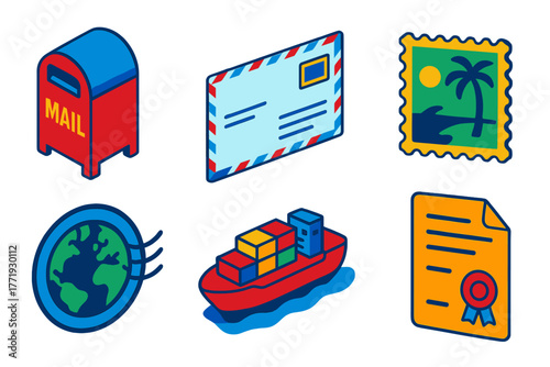 Colorful International Post Icons. Isometric vector illustration set International Post: global mailbox, foreign envelope, exotic