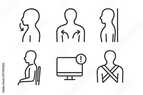 Postural Correction Icons. Line style icons of postural correction therapy: chin tuck, shoulder blade squeeze, wall alignment,