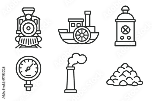 Steam-Powered Icons. Line style icons of Steam-Powered Transportation: steam locomotive front, steamboat paddle, boiler chamber,