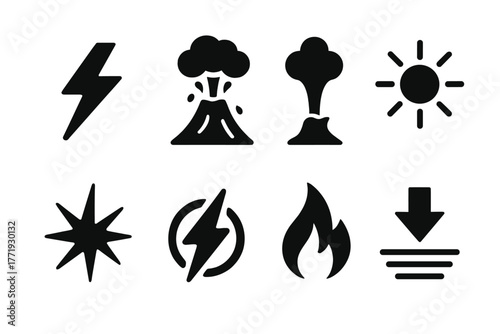 Energy Source Icons. Solid style icons of energy sources for synthesis: Lightning Bolt Strike, Volcanic Eruption, Thermal Vent