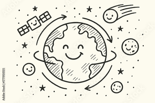 Joyful Cosmic Dance. A doodle of a happy planet spinning widdershins, with smiling satellites, comets, and moons orbiting the