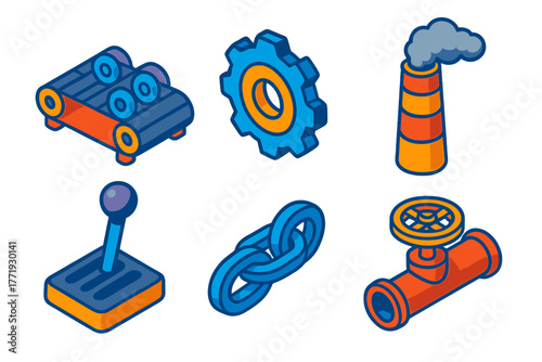 Mechanical Industry Icons. Isometric vector illustration set Mechanical Industry: conveyor belt transport, heavy gear, smoke stack