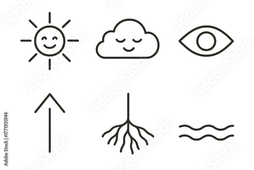 Aromatherapy Mood Icons. Line style icons of aromatherapy mood chart: happy sun, relaxed cloud, focused eye, uplifted arrow,