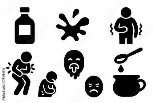 Harsh Purgative Icon Set. Solid style icons of harsh purgative treatment: Labeled Bottle, Liquid Splash, Swollen Belly, Cramping