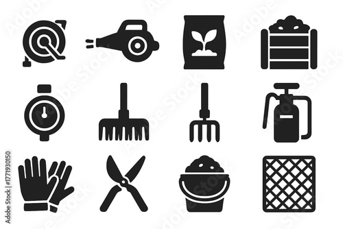 Garden Tool Icons. Solid style icons of garden maintenance: hose reel, leaf blower, fertilizer bag, compost heap, watering timer,