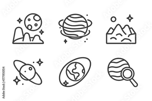 Space Exploration Icons. Line style icons of space exploration: alien planet, exoplanet atmosphere, new world terrain, distant