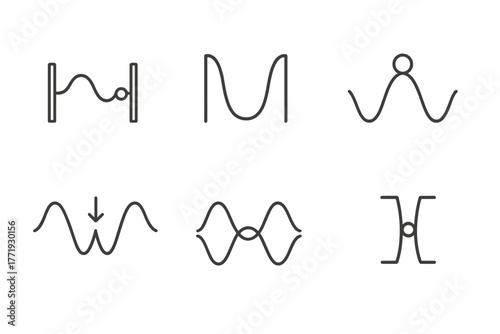 Particle Physics Icons. Line style icons of particle physics: quantum tunneling, potential barrier, particle wave function,