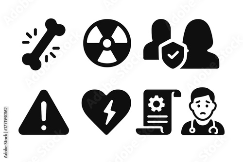 Solid Safety Icons. Solid style icons of safety concerns and health history: Bone Highlight, Exposure Symbol, Caution Label,