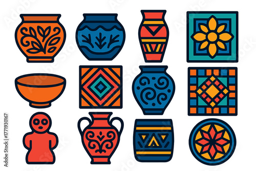 Bold Pottery Icons. Flat vector icons of decorative pottery: carved pot, incised design, painted vase, stamped clay pattern,